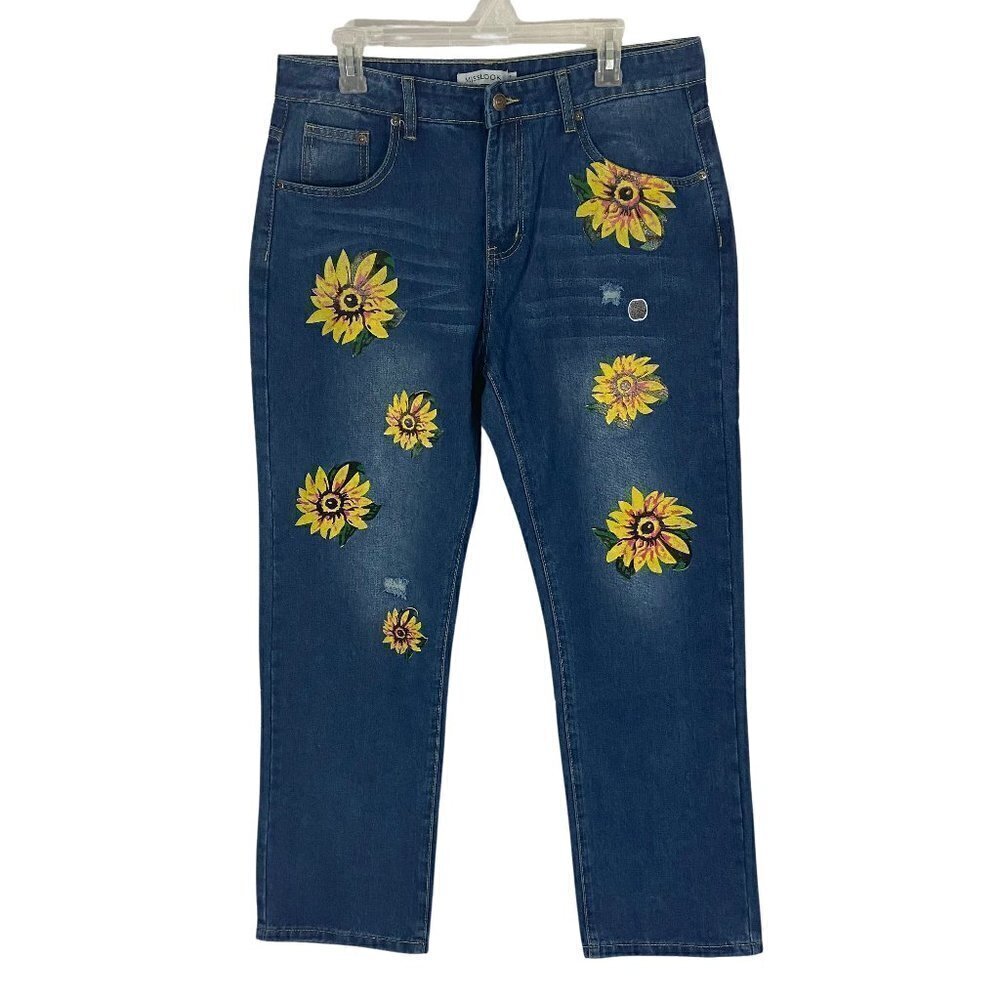 Misslook Women's Sunflower Floral Jeans Straight Leg Size XL (34 x 31) NWT